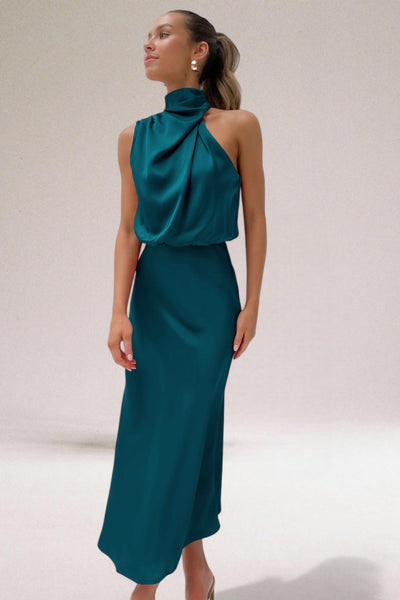 Flavia | Elegant Satin Dress with Halter Neck