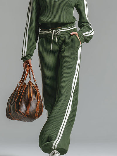 Bany™ | Retro Casual Green Sports Half-zip Knitted Sweater & Pants Set