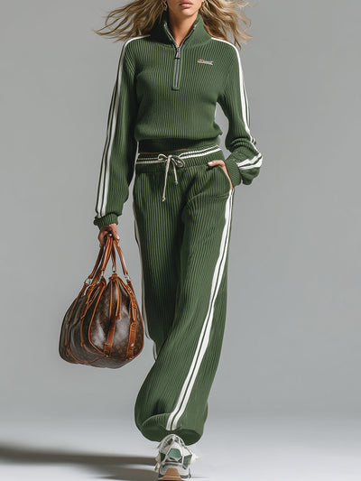 Bany™ | Retro Casual Green Sports Half-zip Knitted Sweater & Pants Set