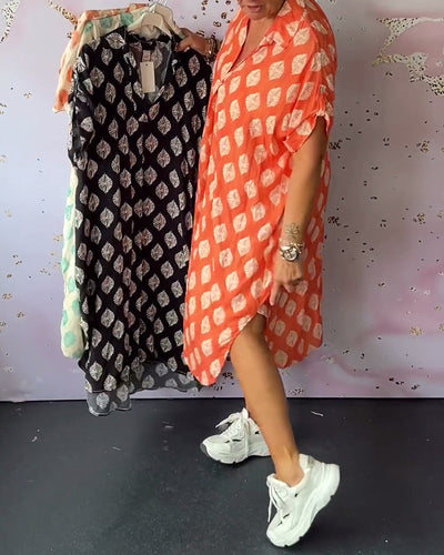 Liora™ | Loose Spring Dress with Notched Collar and Short Sleeves