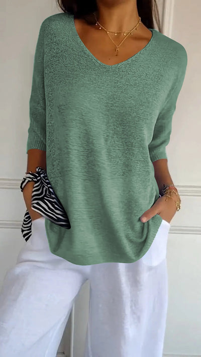 Saya™ | Solid Color Knitted V-Neck Top