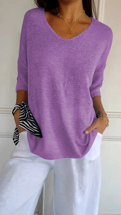 Saya™ | Solid Color Knitted V-Neck Top