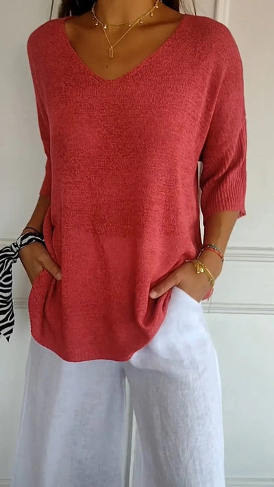 Saya™ | Solid Color Knitted V-Neck Top