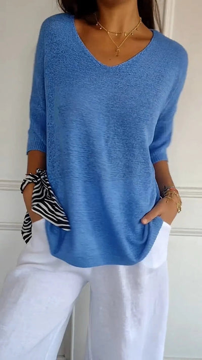 Saya™ | Solid Color Knitted V-Neck Top