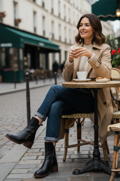 Noreen™ | Black leather boots with a comfortable heel, elegant and timeless