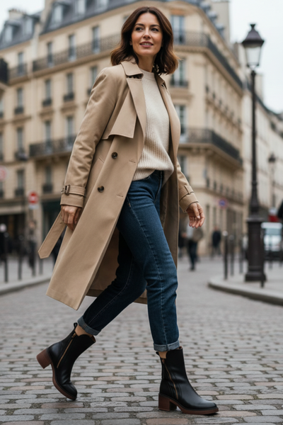 Noreen™ | Black leather boots with a comfortable heel, elegant and timeless
