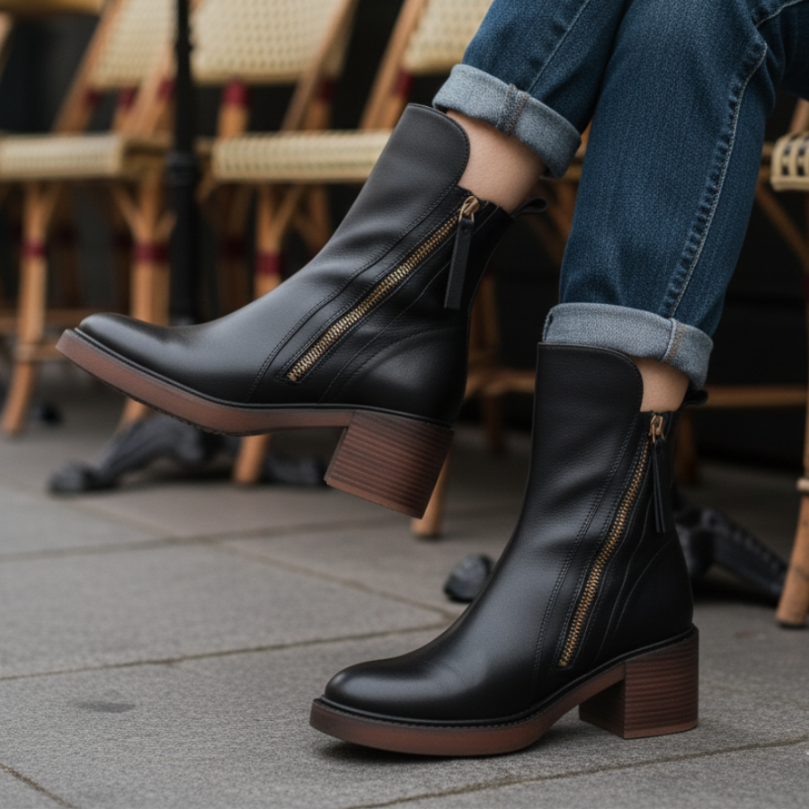 Noreen™ | Black leather boots with a comfortable heel, elegant and timeless