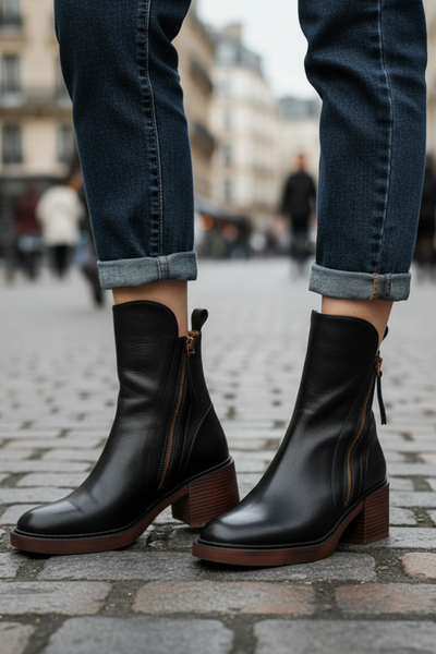 Noreen™ | Black leather boots with a comfortable heel, elegant and timeless
