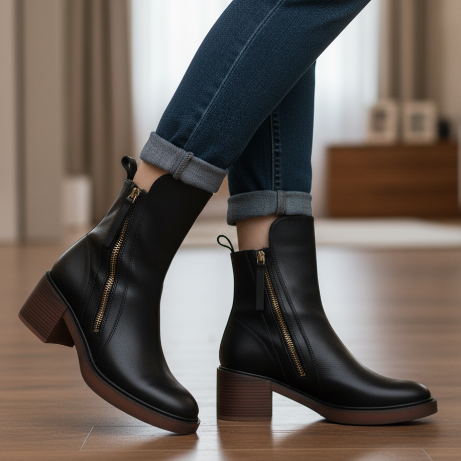 Noreen™ | Black leather boots with a comfortable heel, elegant and timeless
