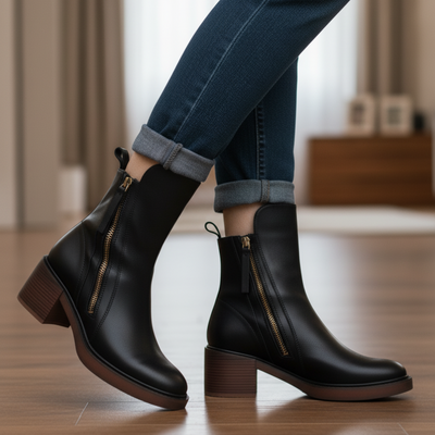 Noreen™ | Black leather boots with a comfortable heel, elegant and timeless