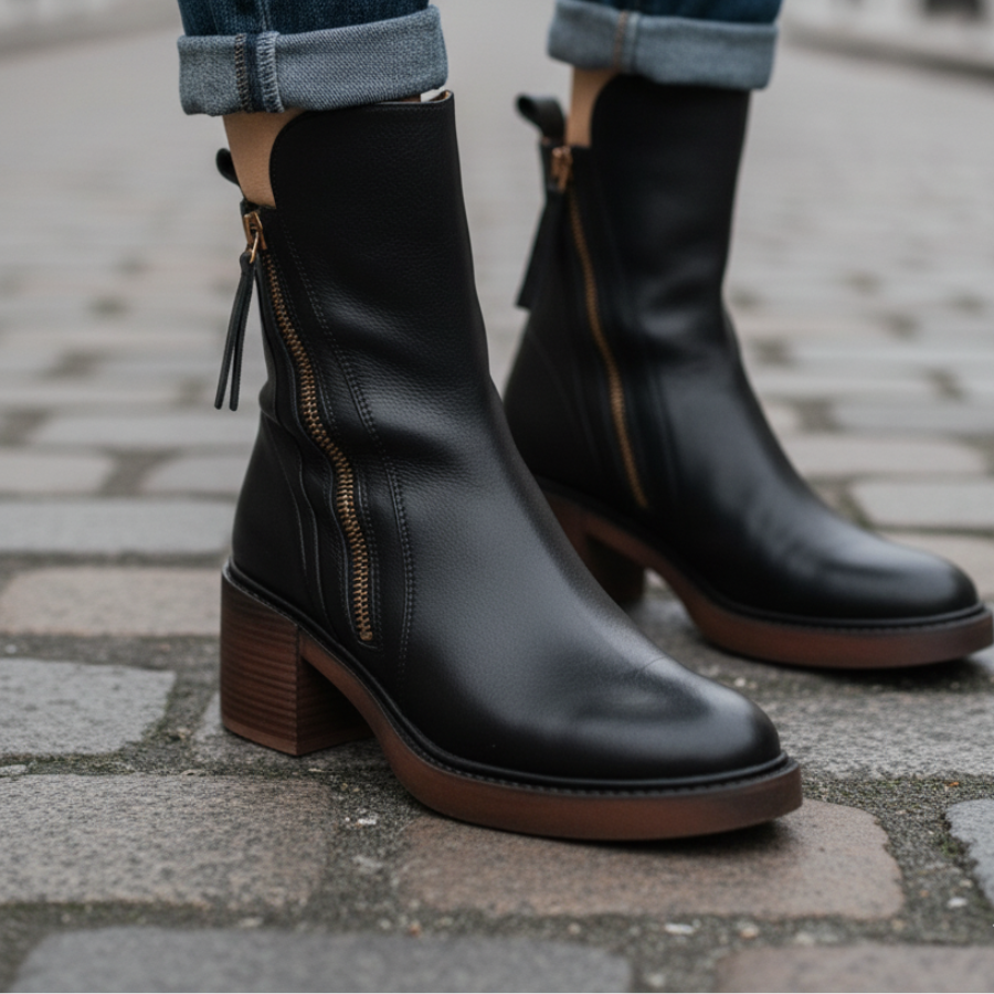 Noreen™ | Black leather boots with a comfortable heel, elegant and timeless