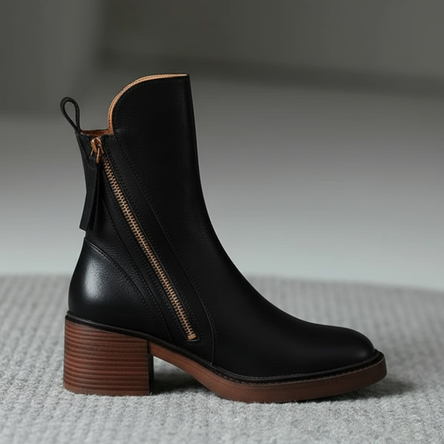 Noreen™ | Black leather boots with a comfortable heel, elegant and timeless