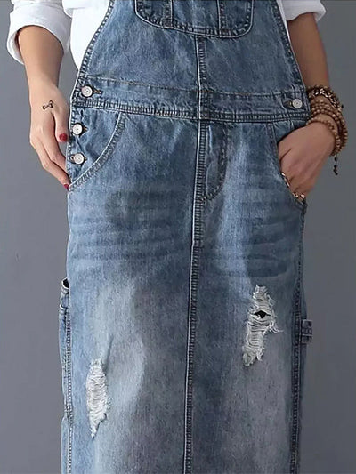Distressed Denim Pinafore Dress with Back Slit