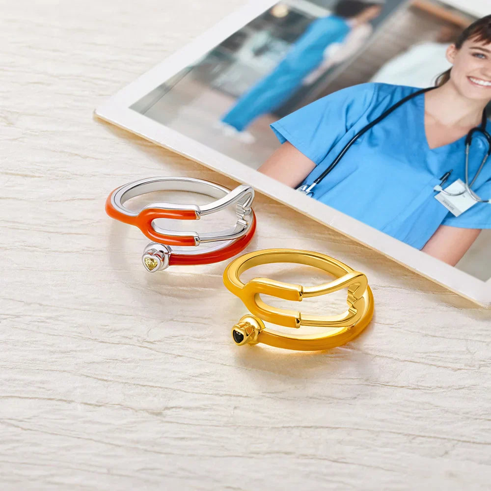 Stethoscope Ring with Heart Birthstone