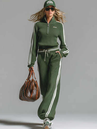 Bany™ | Retro Casual Green Sports Half-zip Knitted Sweater & Pants Set
