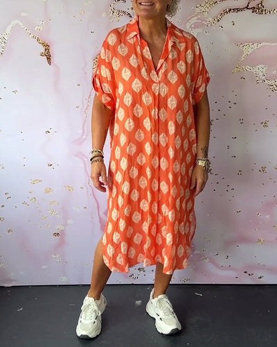 Liora™ | Loose Spring Dress with Notched Collar and Short Sleeves