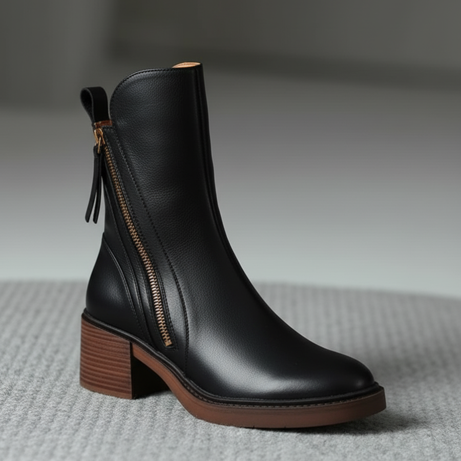 Noreen™ | Black leather boots with a comfortable heel, elegant and timeless