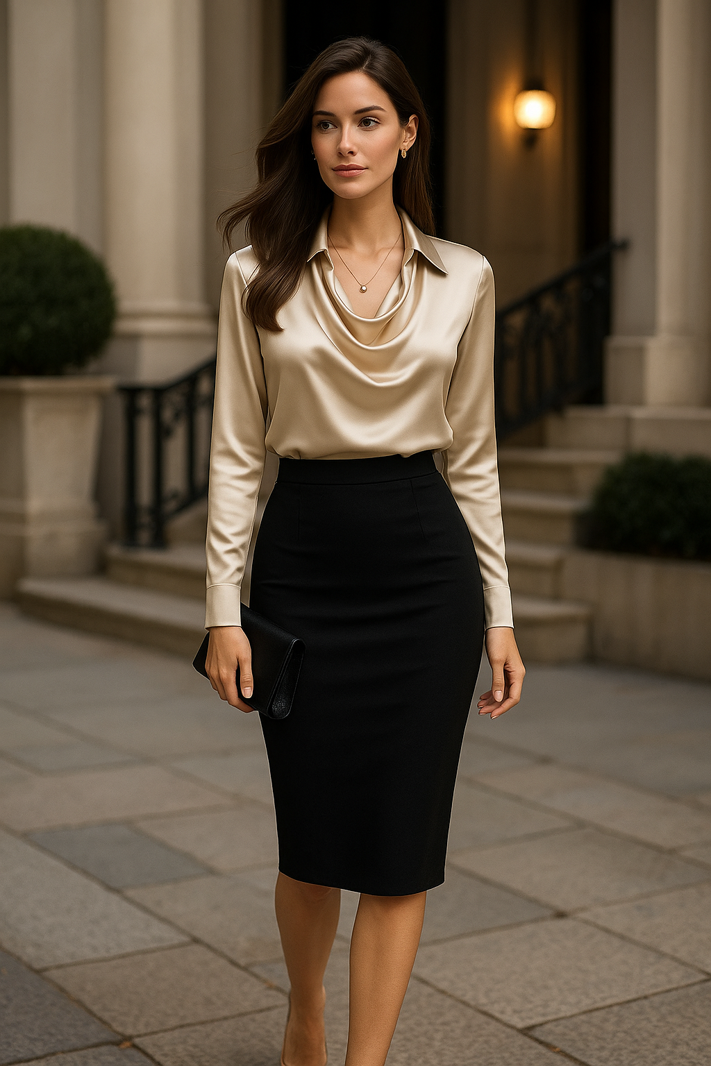 Reba™ | Elegant Silk Blouse with Pleated Neckline