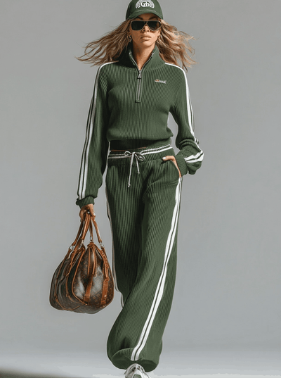 Bany™ | Retro Casual Green Sports Half-zip Knitted Sweater & Pants Set