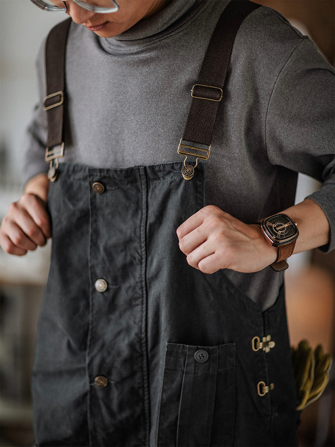 Canvas Dungarees with Button Placket for Men
