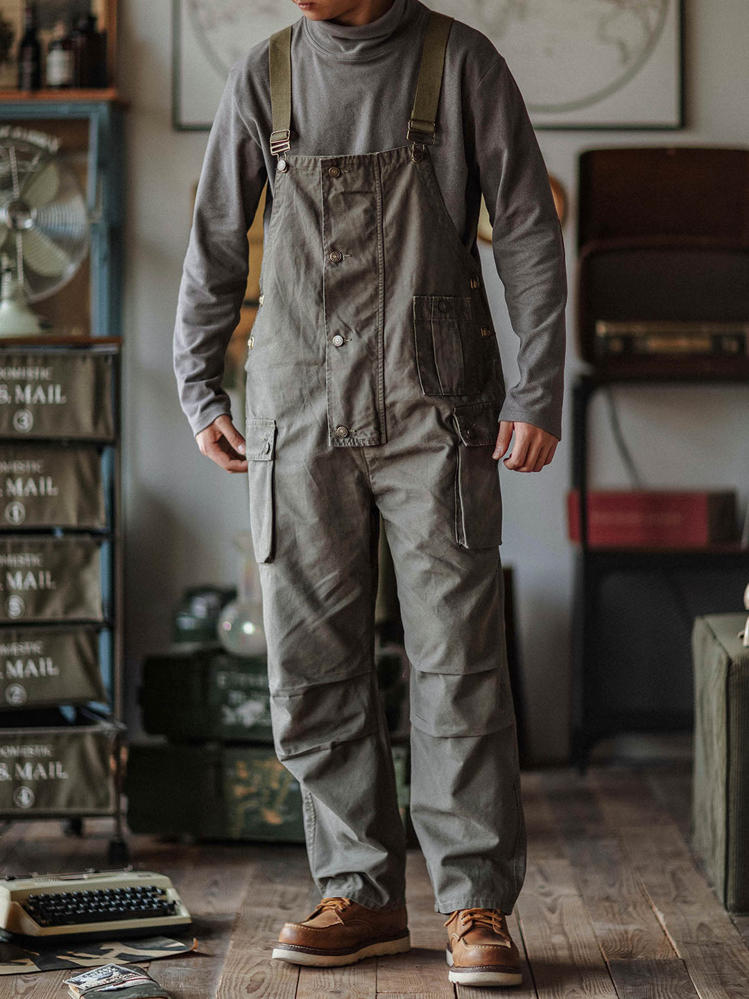 Canvas Dungarees with Button Placket for Men