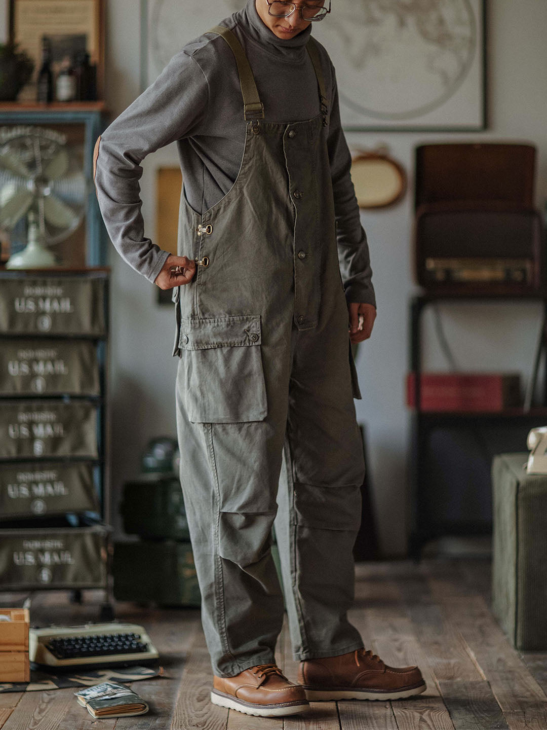 Canvas Dungarees with Button Placket for Men