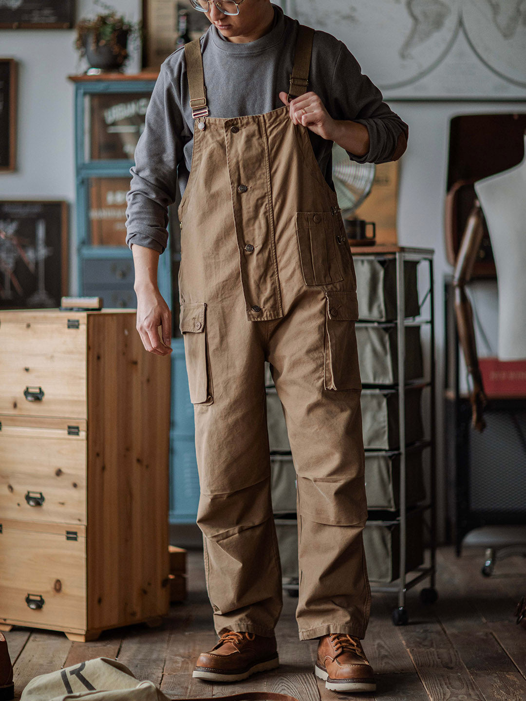 Canvas Dungarees with Button Placket for Men