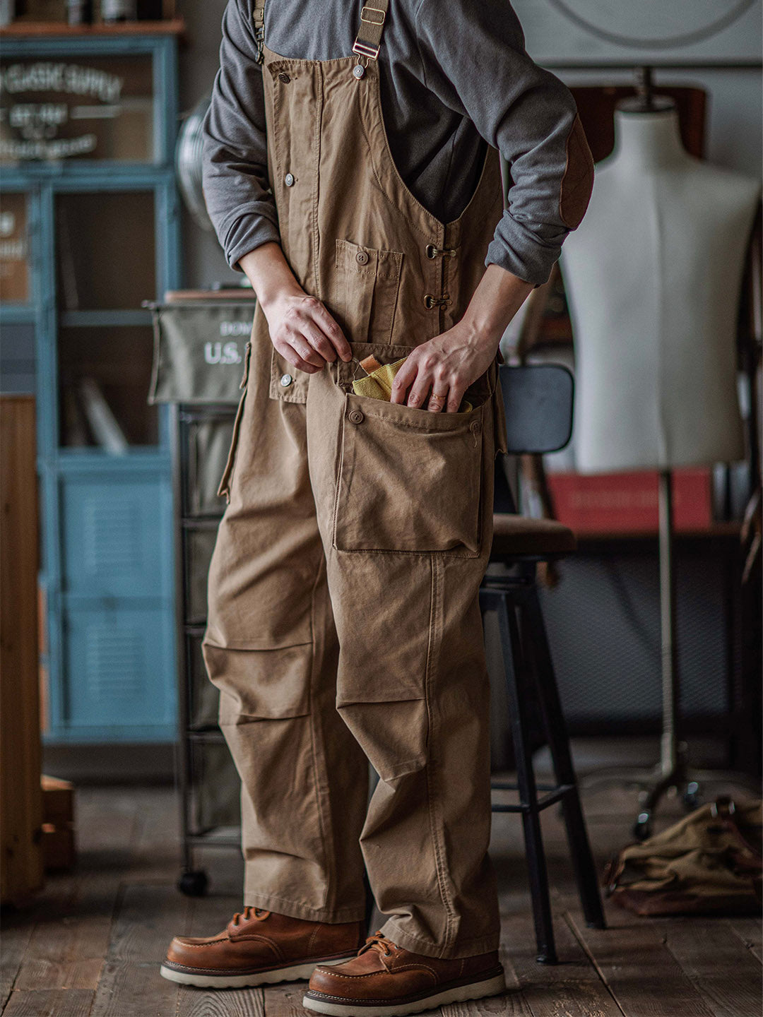 Canvas Dungarees with Button Placket for Men