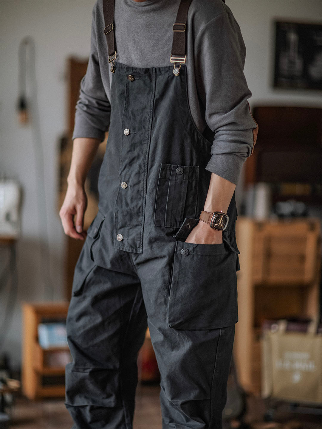Canvas Dungarees with Button Placket for Men