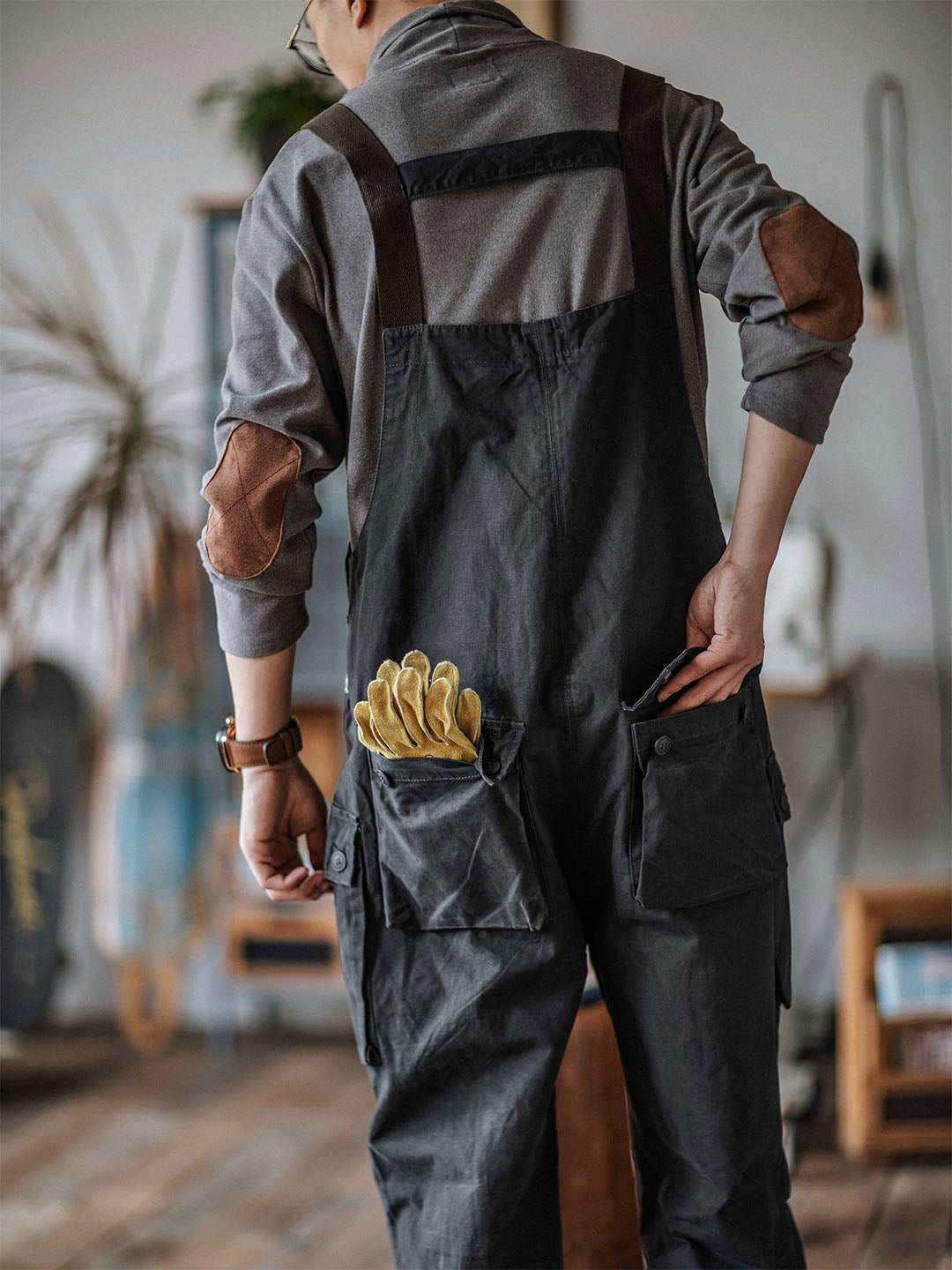 Canvas Dungarees with Button Placket for Men