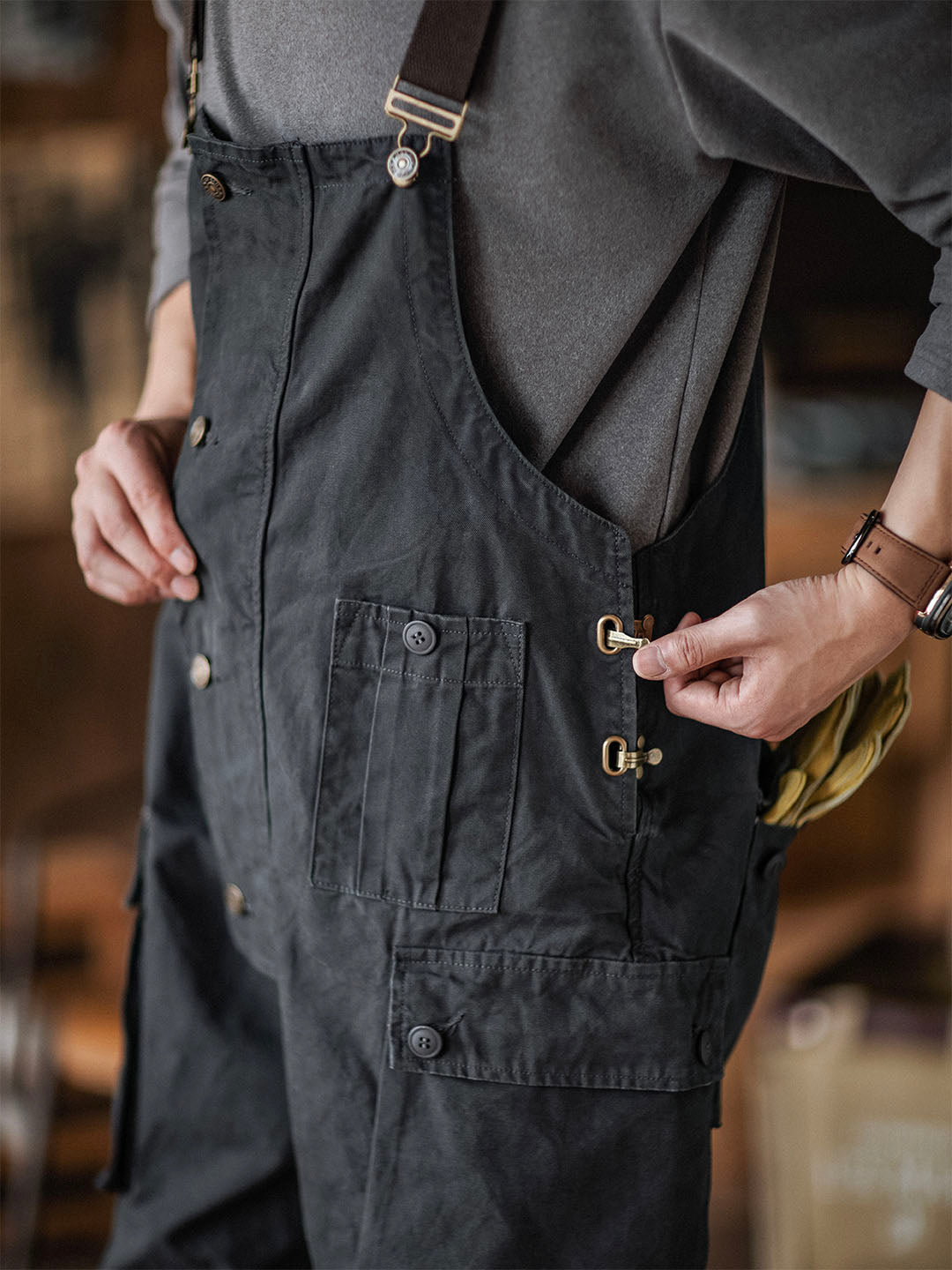 Canvas Dungarees with Button Placket for Men