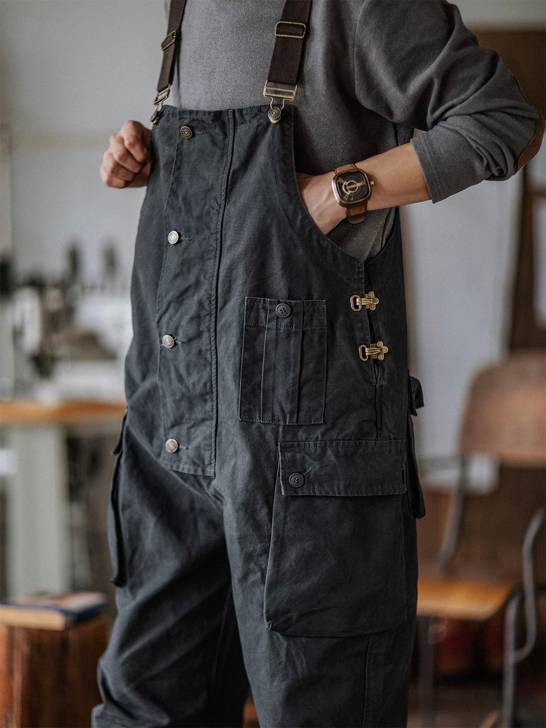 Canvas Dungarees with Button Placket for Men