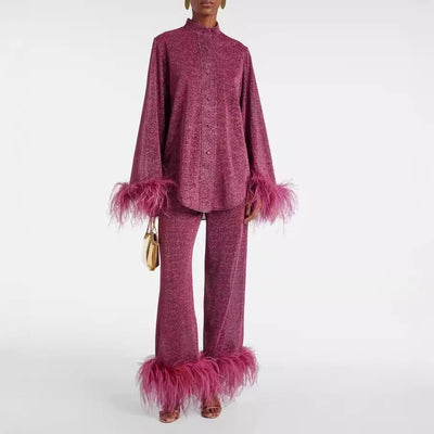 Elysée™ | Elegant Feather-Collared Ensemble