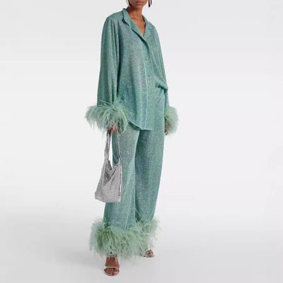 Elysée™ | Elegant Feather-Collared Ensemble