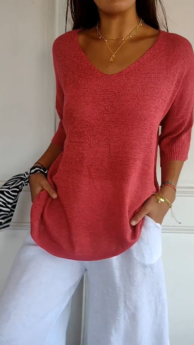 Saya™ | Solid Color Knitted V-Neck Top