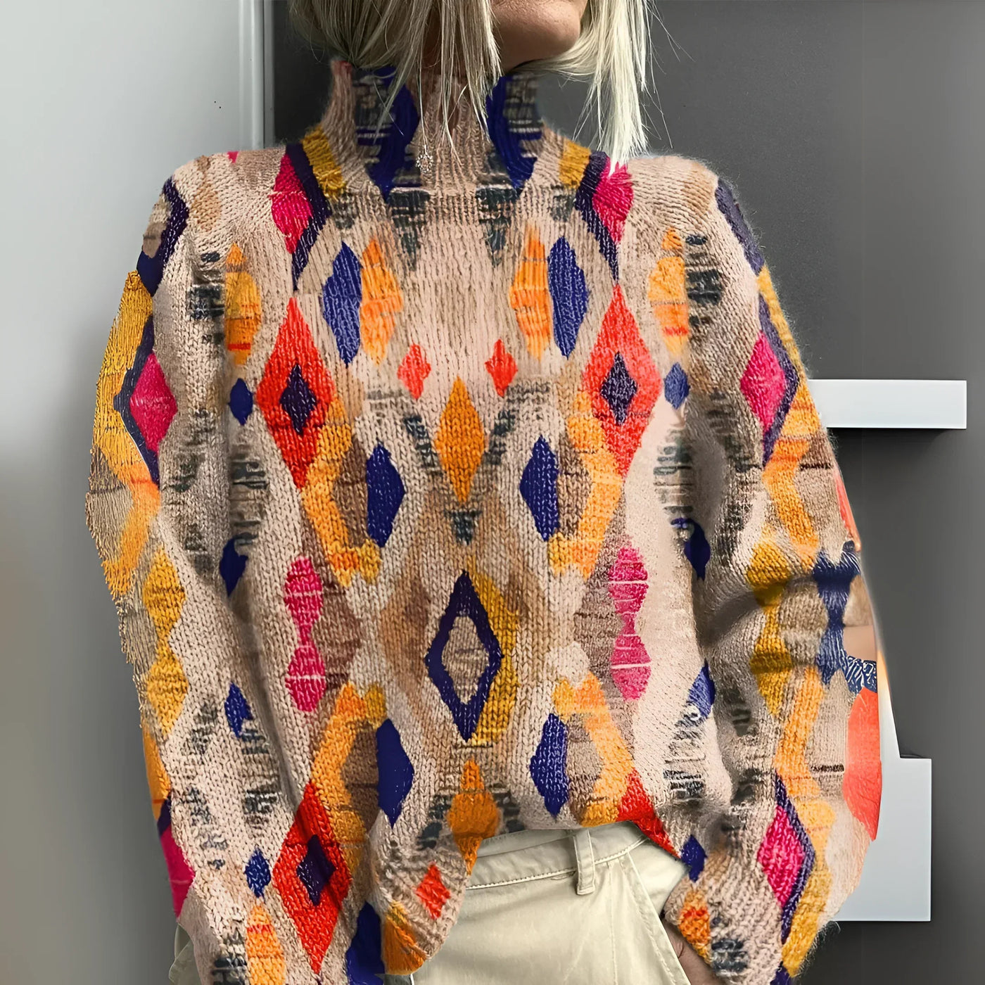 FANNY™ | Geometric Diamond Knit Turtleneck Sweater