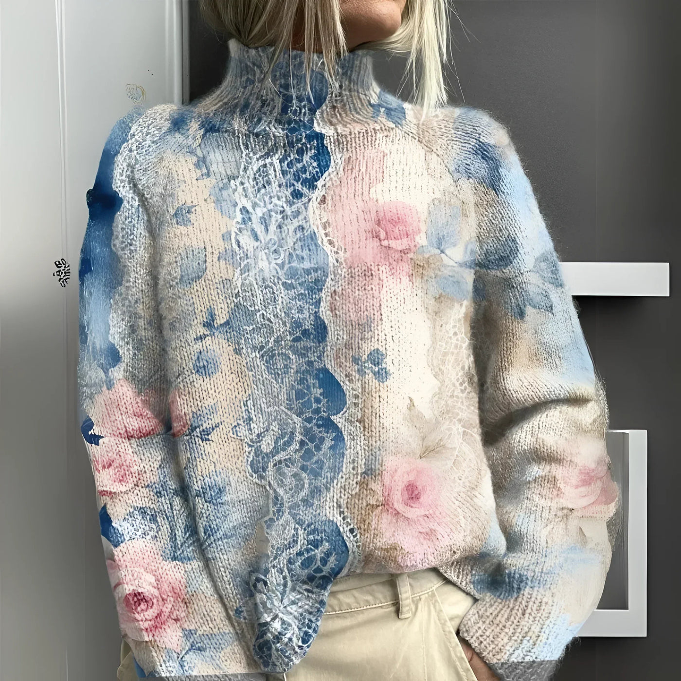LUCIENNE™ | Knitted Roll Neck Jumper with Floral Lace